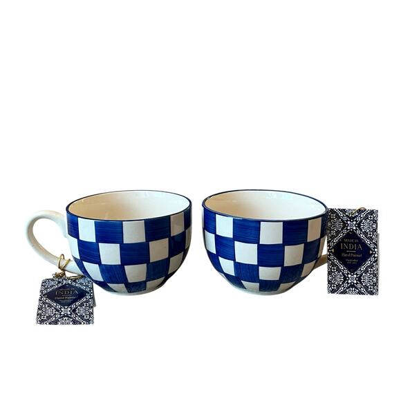 Hand Painted Checkered Soup Mugs 5.5in Ceramic Made in India Blue White Set of 2 - Picture 1 of 16